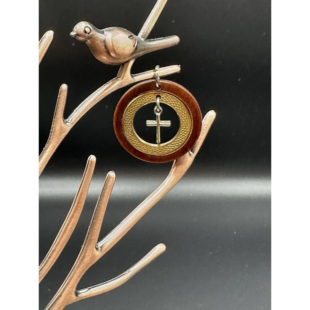 Vintage Two-Tone Cross Pendant Mid-Century Modern Gold-Tone Wood Textured Circle
